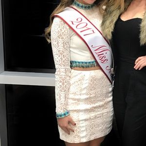 Rachel Allan Two Piece White dress with blue sequins